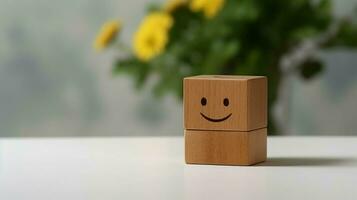 un' di legno bloccare etichetta con contento Sorridi rilassare viso bene risposta cliente. mondo mentale Salute giorno concetto di ai generato foto