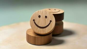 un' di legno bloccare etichetta con contento Sorridi rilassare viso bene risposta cliente. mondo mentale Salute giorno concetto di ai generato foto
