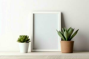 telaio finto su di vuoto immagine in piedi su un' mensola con succulento pianta o cactus nel scandinavo concetto di ai generato foto