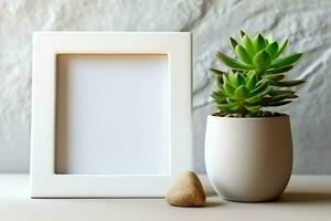 telaio finto su di vuoto immagine in piedi su un' mensola con succulento pianta o cactus nel scandinavo concetto di ai generato foto