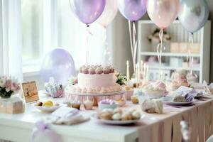 festivo compleanno festa decorazioni su tavolo con torta, presente scatole e palloncini su pastello colore concetto di ai generato foto