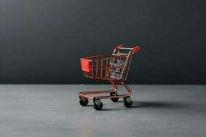 composizione di nero Venerdì shopping carrello con regalo scatole o borse su buio sfondo e copia spazio concetto di ai generato foto