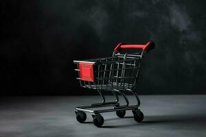 composizione di nero Venerdì shopping carrello con regalo scatole o borse su buio sfondo e copia spazio concetto di ai generato foto