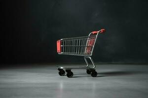 composizione di nero Venerdì shopping carrello con regalo scatole o borse su buio sfondo e copia spazio concetto di ai generato foto