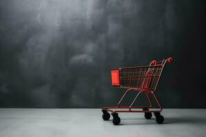 composizione di nero Venerdì shopping carrello con regalo scatole o borse su buio sfondo e copia spazio concetto di ai generato foto