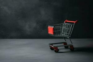 composizione di nero Venerdì shopping carrello con regalo scatole o borse su buio sfondo e copia spazio concetto di ai generato foto