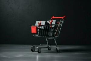 composizione di nero Venerdì shopping carrello con regalo scatole o borse su buio sfondo e copia spazio concetto di ai generato foto