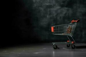 composizione di nero Venerdì shopping carrello con regalo scatole o borse su buio sfondo e copia spazio concetto di ai generato foto