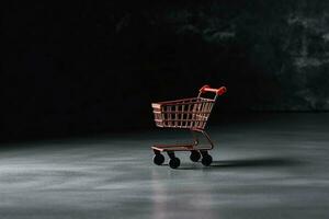 composizione di nero Venerdì shopping carrello con regalo scatole o borse su buio sfondo e copia spazio concetto di ai generato foto