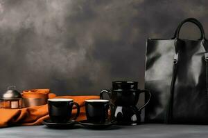 composizione di nero Venerdì shopping carrello con regalo scatole o borse su buio sfondo e copia spazio concetto di ai generato foto