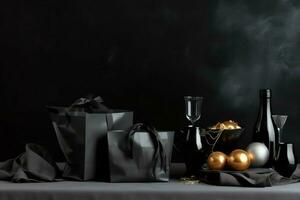 composizione di nero Venerdì shopping carrello con regalo scatole o borse su buio sfondo e copia spazio concetto di ai generato foto
