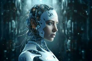 3d interpretazione tecnologia robotica dati analitica o futuristico cyborg con artificiale intelligenza concetto di ai generato foto