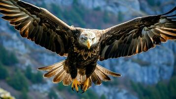 aquila liberamente volante sotto il luce del sole e blu cielo. predatore uccello a caccia nel safari est Africa concetto di ai generato foto