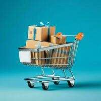 composizione di shopping carrello o carrello con regalo scatole o borse. informatica Lunedi i saldi o shopping giorno concetto di ai generato foto