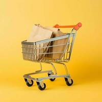 composizione di shopping carrello o carrello con regalo scatole o borse. informatica Lunedi i saldi o shopping giorno concetto di ai generato foto