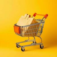 composizione di shopping carrello o carrello con regalo scatole o borse. informatica Lunedi i saldi o shopping giorno concetto di ai generato foto