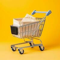 composizione di shopping carrello o carrello con regalo scatole o borse. informatica Lunedi i saldi o shopping giorno concetto di ai generato foto