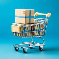 composizione di shopping carrello o carrello con regalo scatole o borse. informatica Lunedi i saldi o shopping giorno concetto di ai generato foto