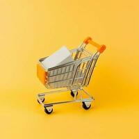 composizione di shopping carrello o carrello con regalo scatole o borse. informatica Lunedi i saldi o shopping giorno concetto di ai generato foto