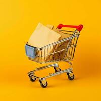 composizione di shopping carrello o carrello con regalo scatole o borse. informatica Lunedi i saldi o shopping giorno concetto di ai generato foto