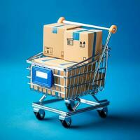 composizione di shopping carrello o carrello con regalo scatole o borse. informatica Lunedi i saldi o shopping giorno concetto di ai generato foto