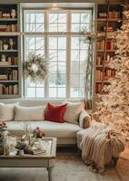 accogliente vivente camera con bellissimo Natale albero e rosso i regali nel moderno interno. interno di vivente camera decorato per allegro Natale con calzini, regalo scatole e Natale Accessori di ai generato foto