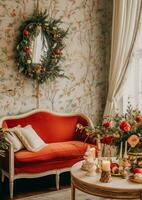 accogliente vivente camera con bellissimo Natale albero e rosso i regali nel moderno interno. interno di vivente camera decorato per allegro Natale con calzini, regalo scatole e Natale Accessori di ai generato foto