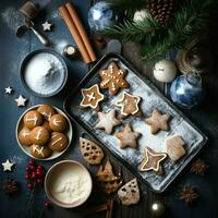 piatto posare di cucinando fatti in casa Natale cottura al forno ingredienti o Pan di zenzero biscotti posto su tavolo concetto di ai generato foto