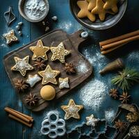 piatto posare di cucinando fatti in casa Natale cottura al forno ingredienti o Pan di zenzero biscotti posto su tavolo concetto di ai generato foto