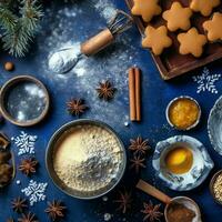 piatto posare di cucinando fatti in casa Natale cottura al forno ingredienti o Pan di zenzero biscotti posto su tavolo concetto di ai generato foto