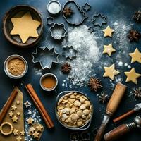 piatto posare di cucinando fatti in casa Natale cottura al forno ingredienti o Pan di zenzero biscotti posto su tavolo concetto di ai generato foto