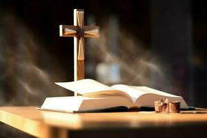 vicino su di un' santo Bibbia e cristiano attraversare su di legno tavolo. contento bene Venerdì o religione concetto di ai generato foto