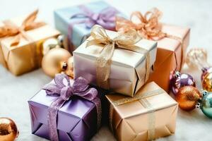 un' Natale regalo, natale o presente scatola oggetti su vacanza umore sfondo nel inverno. allegro Natale concetto di ai generato foto