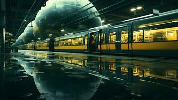 alto velocità treno nel il città a notte con riflessione su il pavimento foto