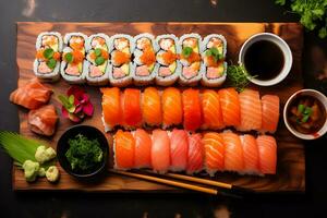 superiore Visualizza Sushi impostato con soia salsa e bacchette, ai generativo foto