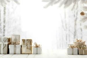 Natale albero e regalo scatole decorazioni su legna tavolo con luci bokeh sfocato neve inverno paesaggio sfondo, ai creare foto