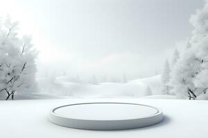 3d podio minimo finto su vuoto palcoscenico con paesaggio neve inverno scena, per Prodotto Schermo presentazione disegno, ai creare foto