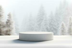 3d bianca pietra podio minimo Prodotto Schermo piedistallo roccia con paesaggio neve inverno scena, ai creare foto