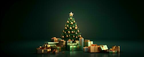 Natale albero con Natale i regali decorazione su pavimento verde parete camera sfondo, ai creare foto