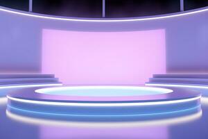 3d il giro circolare palcoscenico con un' brillante neon luce, nel il stile di pastello colore schema, minimalista palcoscenico disegno, podio luci su blu e rosa palcoscenico piedistallo o piattaforma, ai creare foto