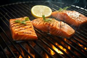 grigliato salmone su fiammeggiante griglia, ai generativo foto