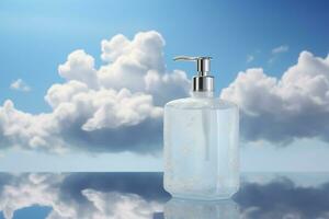 modello di elegante lozione pompa bottiglia su il sfondo di luminosa nuvole foto