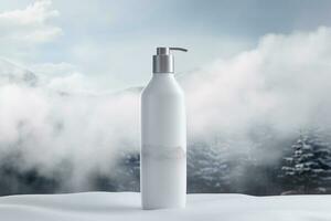 modello di elegante lozione pompa bottiglia su il sfondo di luminosa nuvole foto