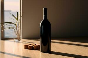 modello di elegante vino bottiglia su un' minimalista studio sfondo foto