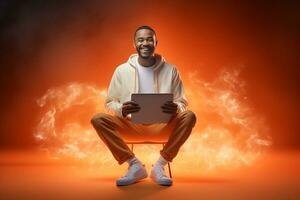 un' uomo è seduta con un' il computer portatile nel davanti di nuvole foto