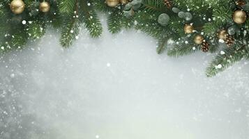 festivo Natale telaio fatto di abete rami, regalo scatole, rosso decorazioni, scintillii, e coriandoli su bianca sfondo. Perfetto per vacanza saluto carte, sito web design. ai generativo foto