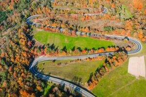 bellissimo aereo paesaggio di montagna foresta strada. aereo Visualizza di formosa strada nel bellissimo autunno foresta foto