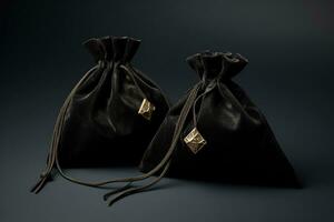 nero pelle scamosciata tessuto borse con lacci, decorato con pietre e amuleti per gioielleria. ai generato foto