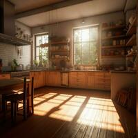 interno di un' accogliente cucina con luce del sole splendente attraverso il finestra foto