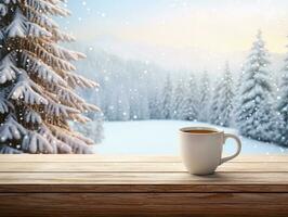 tazza di caffè su un' di legno tavolo con un' Natale nevoso paesaggio nel il sfondo foto